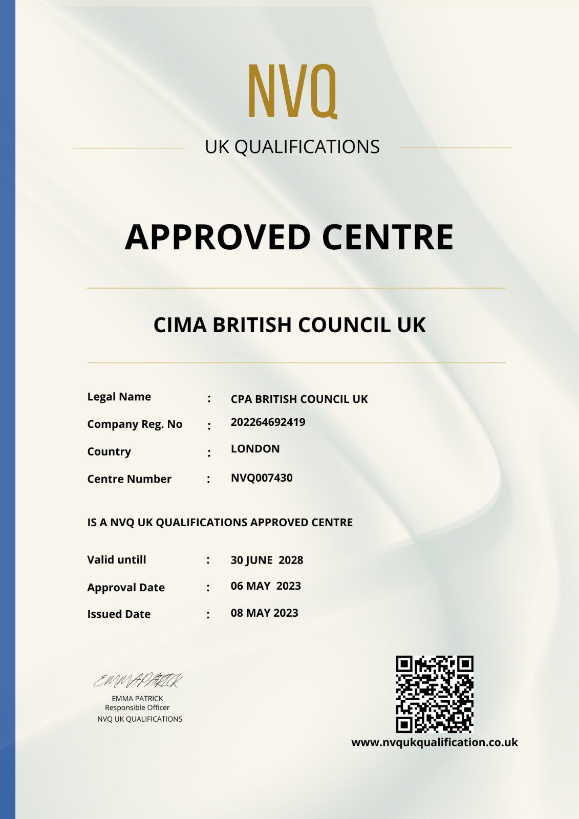 CIMA British Council accreditation letter with NVQ UK Qualifications