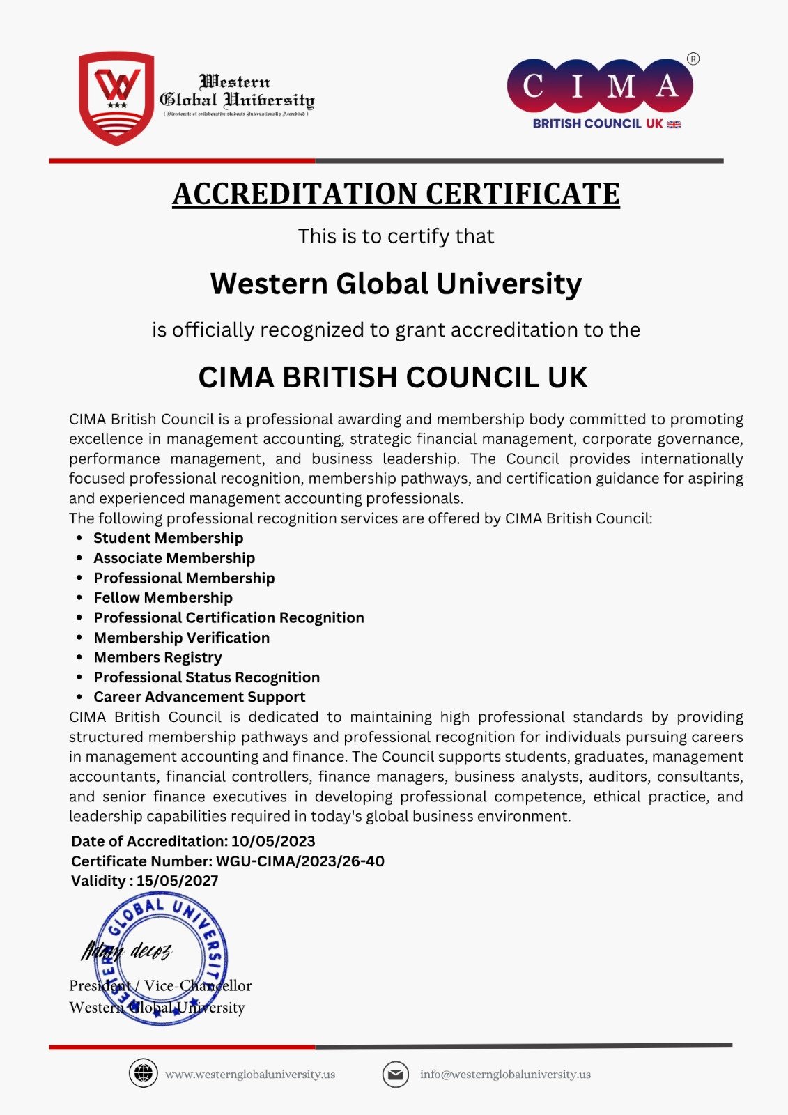 CIMA British Council accreditation letter with WGU